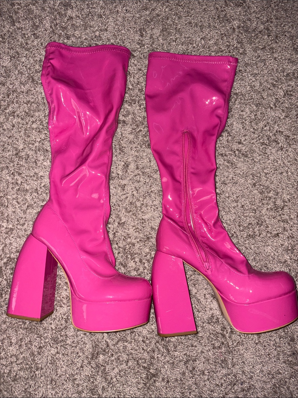 Hot Pink Platform Knee-High Boots - Women's Statement Heels